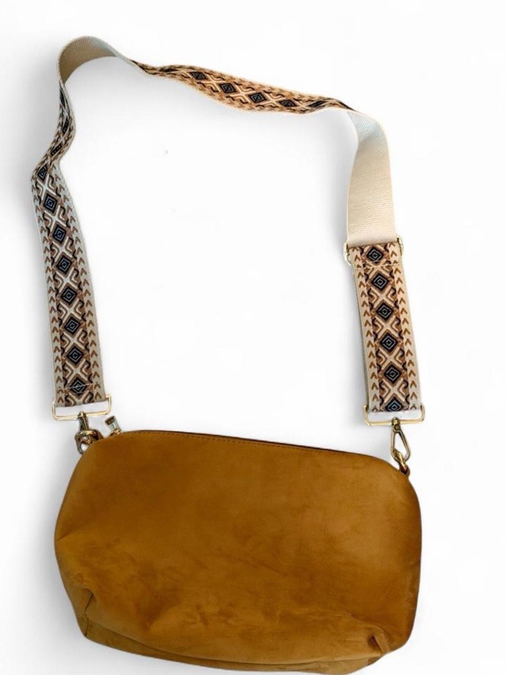 Everyday Tan Crossbody Bag with Patterned Strap